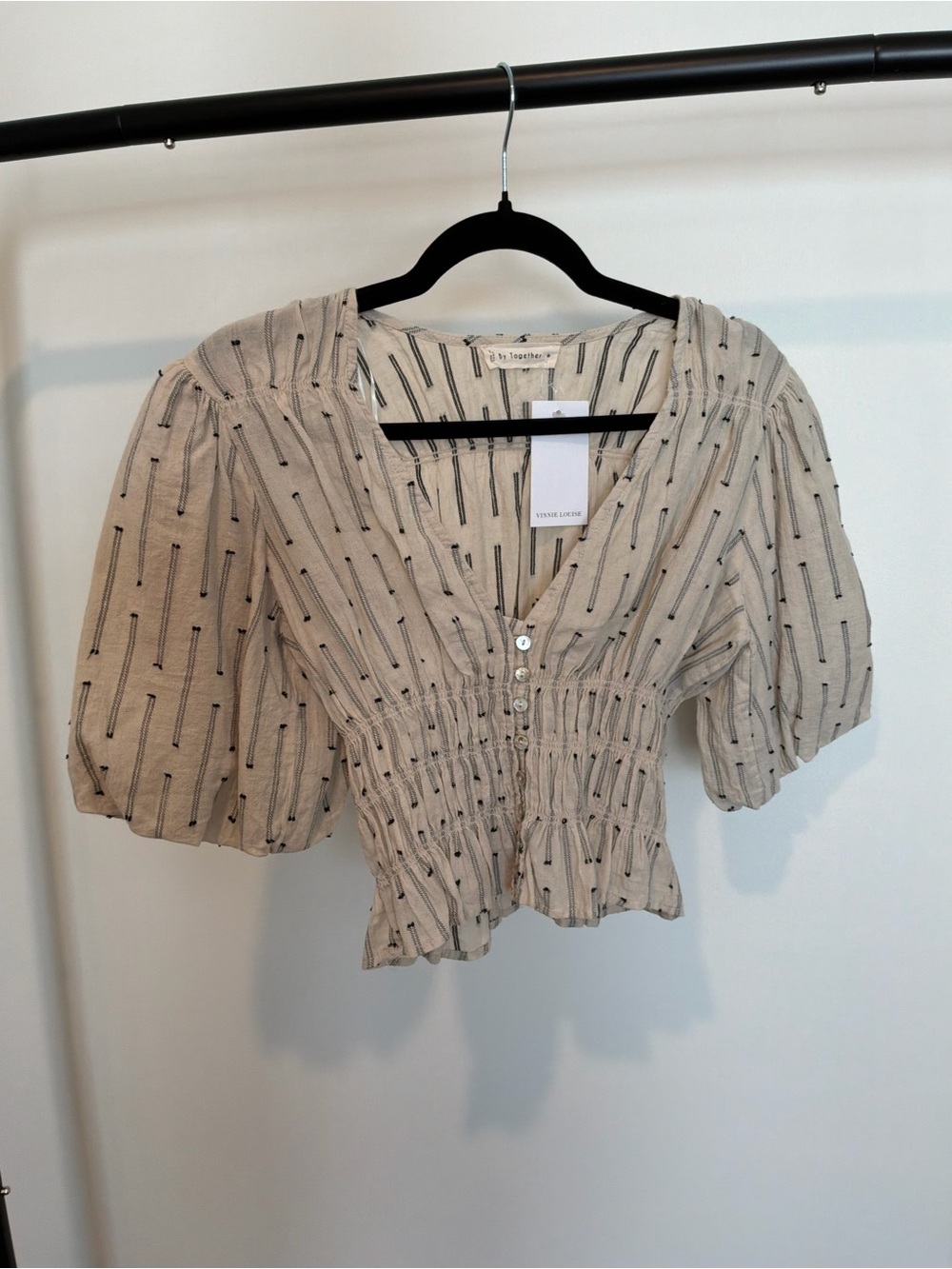 Boutique Beige Smocked Button-Front Puff Sleeve Top